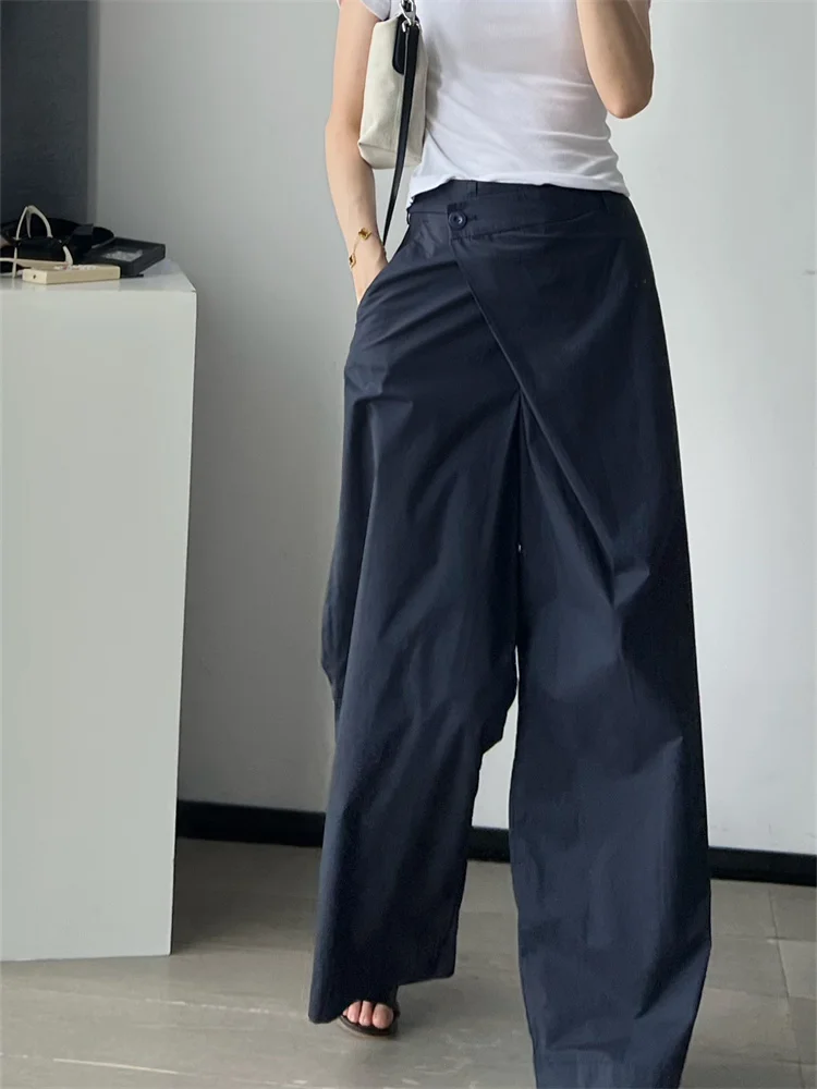 

Simple Ladies Casual Solid Color Long Trousers Women 100% Cotton Front Wrap Design Wide Leg Pants 2024 New