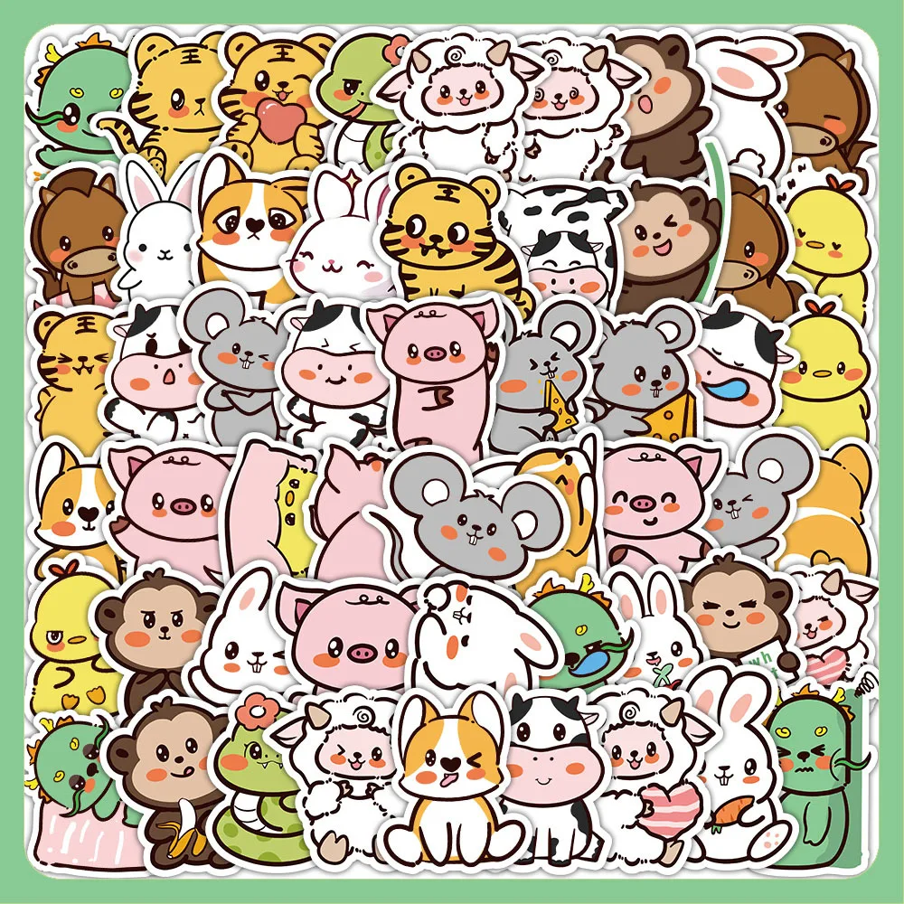 60Pcs Chinese Zodiac Cartoon Stickers Cute Lovely Creative Decor Decals for Notebook Stationery Journal DIY Crafts