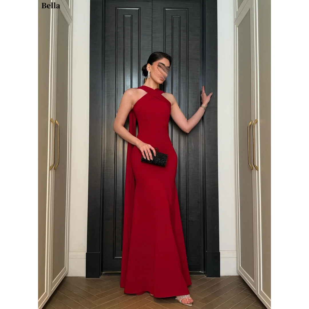 Vestido de Baile Vermelho Personalizado Bella em Crepe Elegante com Gola Halter Sereia Vestidos de Noite com Alça Cruzada e Capa Formal para Noite 2026