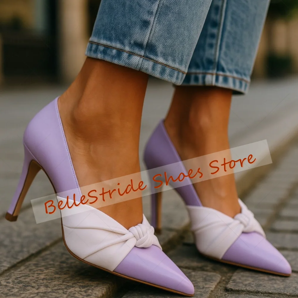 

Purple Bow knot Decor Pointed Toe Pumps Matte Leather Women Shoes Thin High Heels Party Banquet Dating 2025 Zapatos Para Mujere
