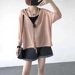 Spring Summer Women's Hooded Ice Silk Knitted Cardigan Sun Protection Clothing Women Thin Top Short Jacket Air Conditioner Shirt