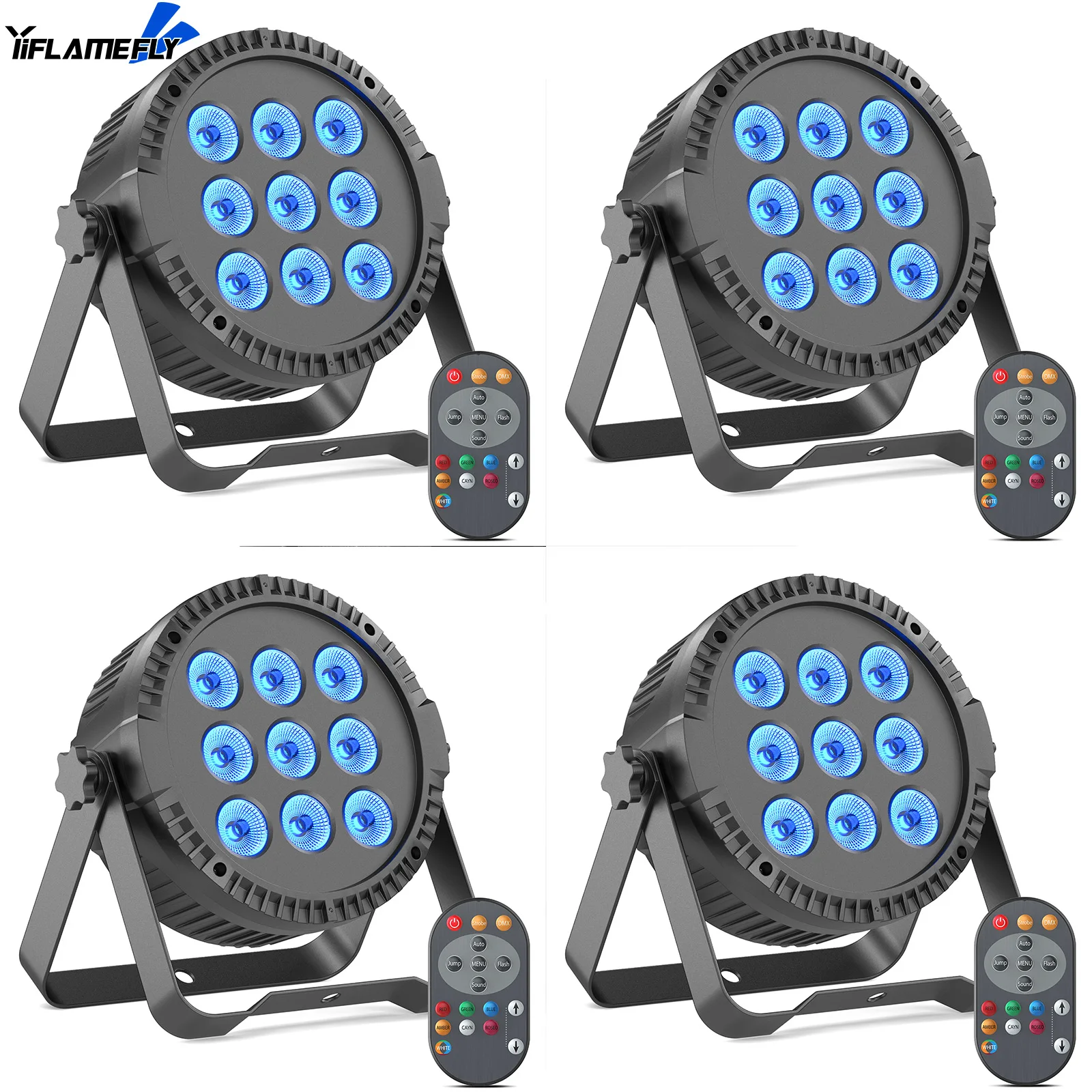 Yiflamefly 4 قطعة 4 في 1 RGBW 9 LED Par Light مع جهاز التحكم عن بعد DMX512 التحكم المنشط للصوت لحفلة DJ عيد الهالوين