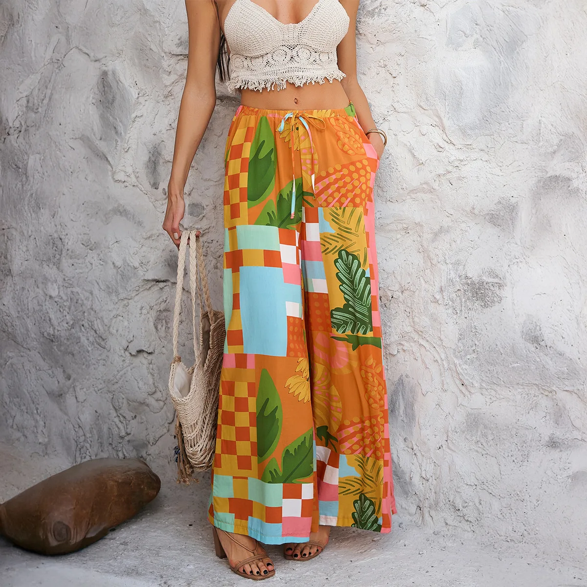 2025 Women's Clothing Summer Bohemian Resort Style Printed Peplum Casual Pants