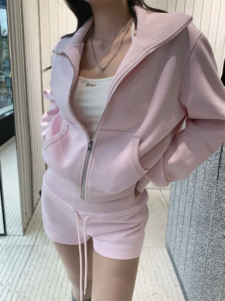 

Korean Style Pink Elegant Women 2 Piece Sets Casual Zipper Hoodie Jacket + High Waist Straight Shorts Female Chic Streetwear New