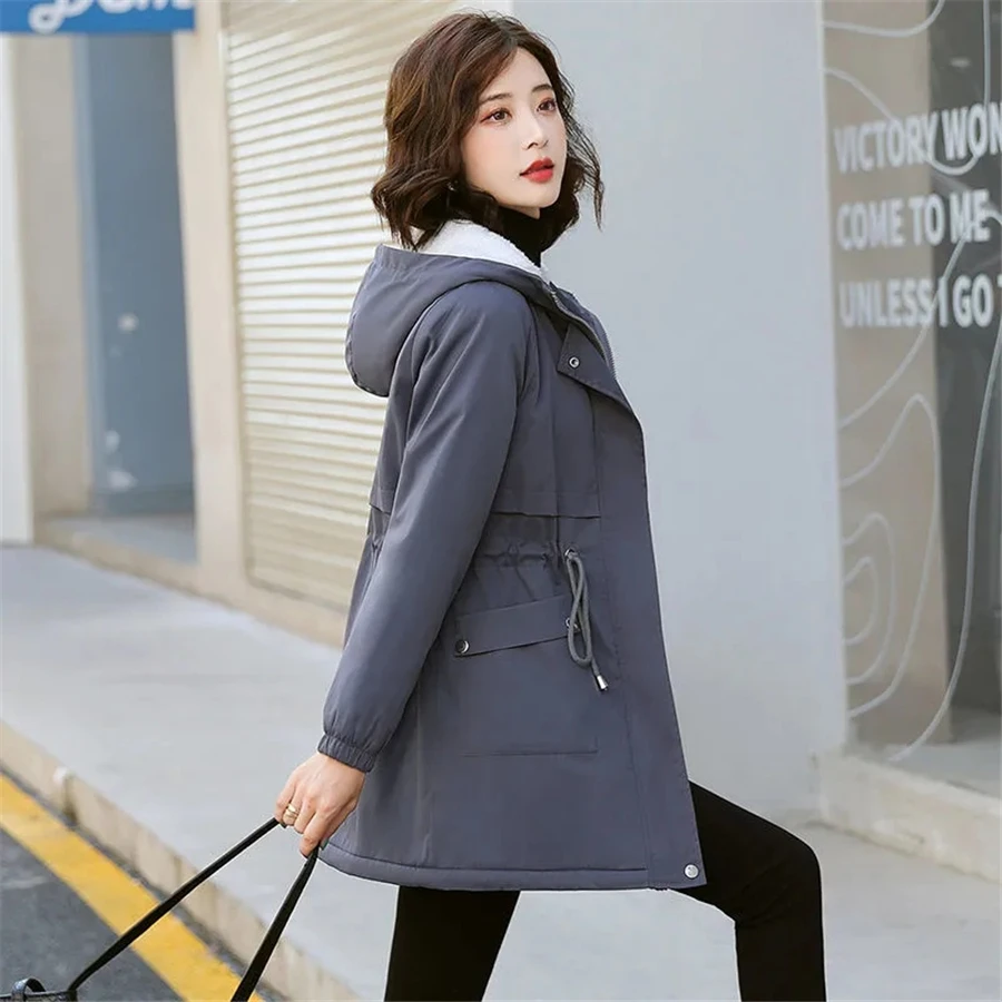 Casual Velvet Lined Hooded Winter Jacket Slim Waist Thick Cargo Parka Warm Plush Coat Women Windproof Snow Wear Cotton Outerwear