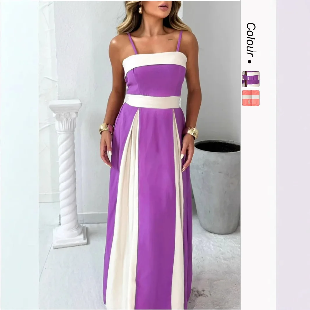 25 Summer New Women's Elegant Fashion Color-block High-waist Strap Dress - 68521 Summer Long Dress Elegant Clothes Vestidos Midi