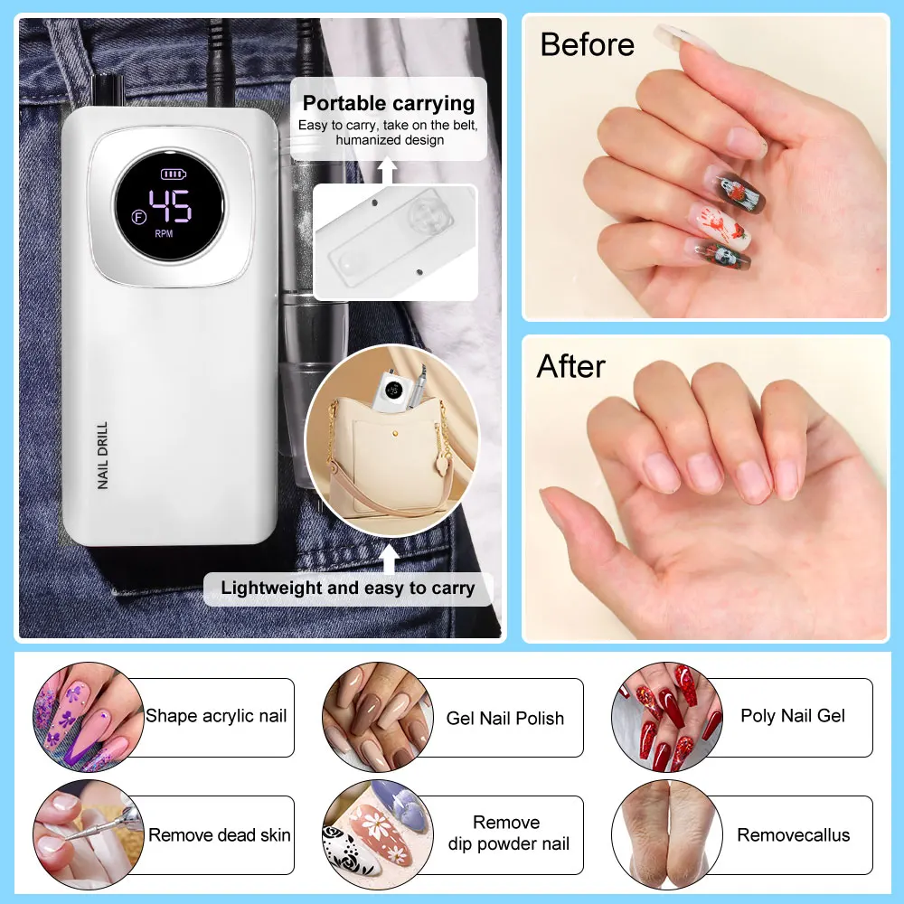 LIMEGIRL Draagbare Opladen Nagelboor Oplaadbare Elektrische Nagelvijl Machine Kit 45000 RPM voor Acryl Gel Nagels Polijsten Salon