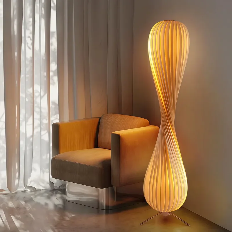 for   Modern Nordic Pleated Twist Striped Hourglass Warm Light Wooden Board Strip Floor Lamp  Living Room Bedroom