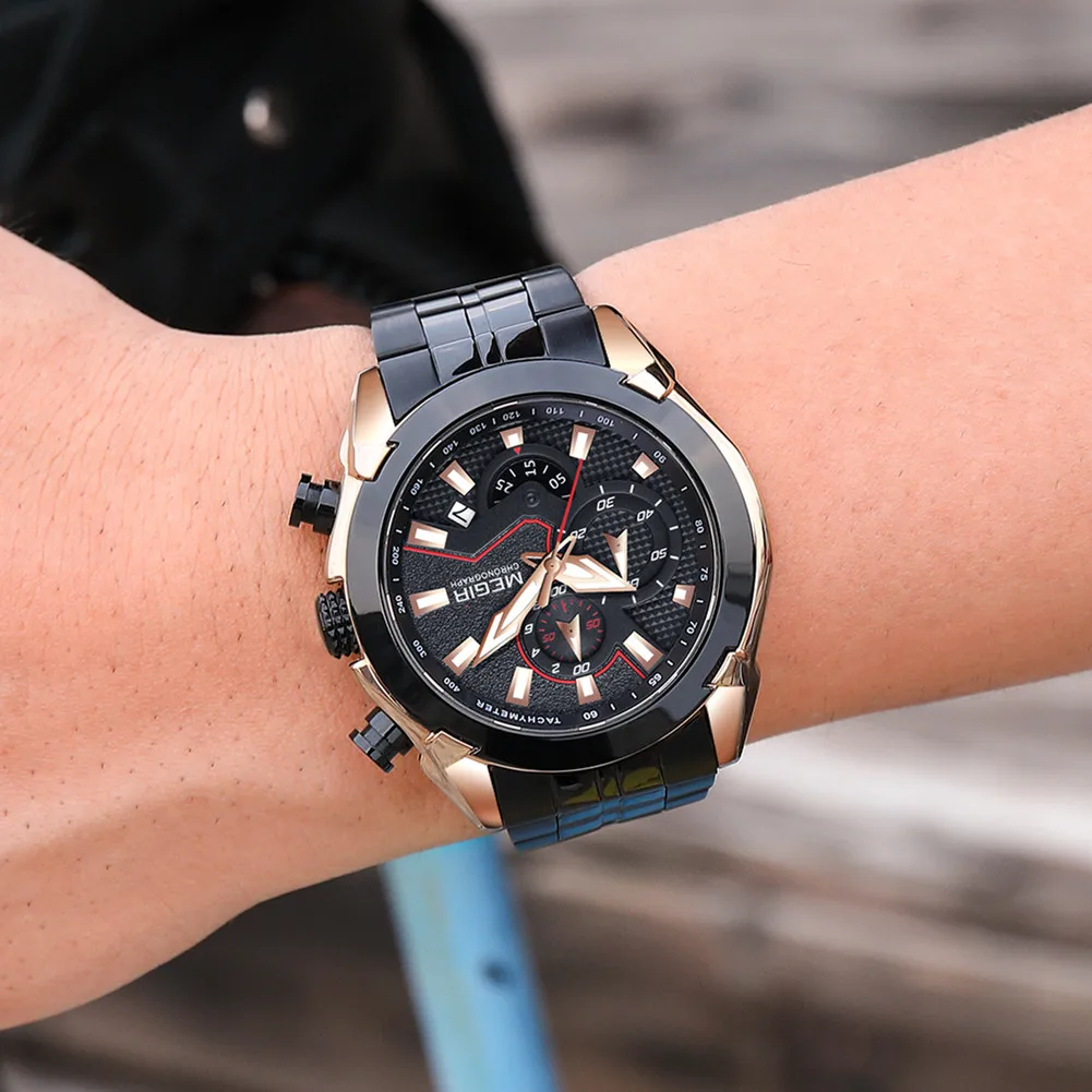 MEGIR موضة ساعات رجالية الأعمال كرونوغراف الفولاذ المقاوم للصدأ كوارتز ساعة اليد مقاوم للماء ساعة التقويم Reloj Hombre 2065