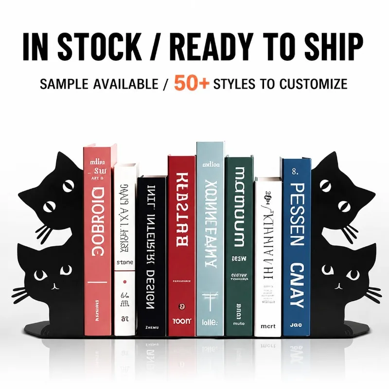 Peeking‑Cat Metal Bookend Desktop Book‑Support Black Iron‑Craft Ornament Tabletop Volume‑Holder Literature Storage Bracket