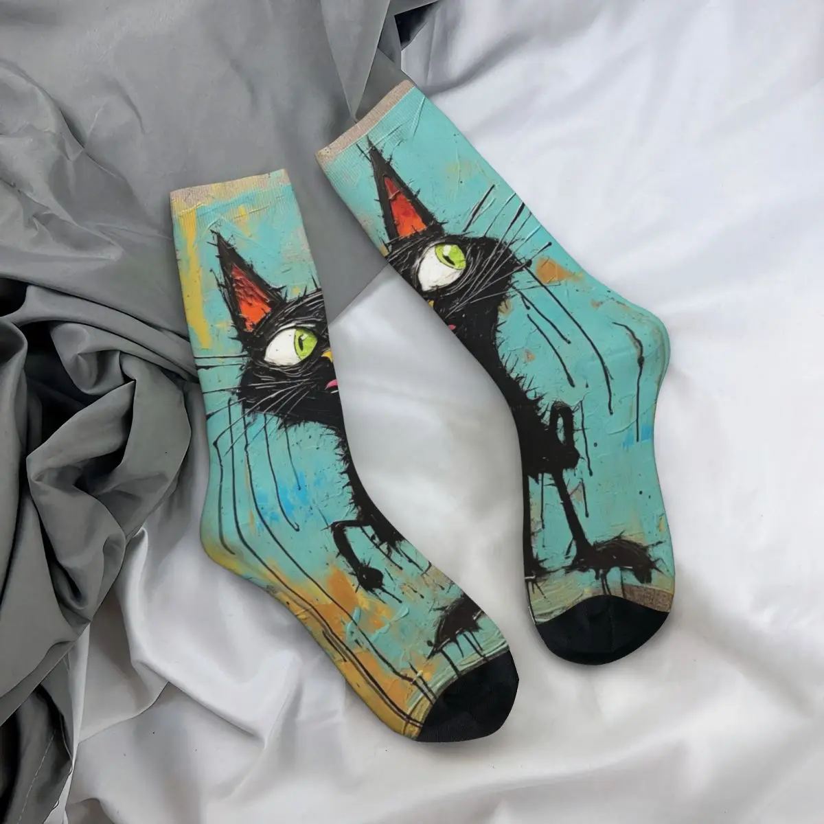 

Всесезонные чулки для экипажа, абстрактное искусство, модные носки с принтом кота, повседневные длинные носки, аксессуары для мужчин и женщин, подарки