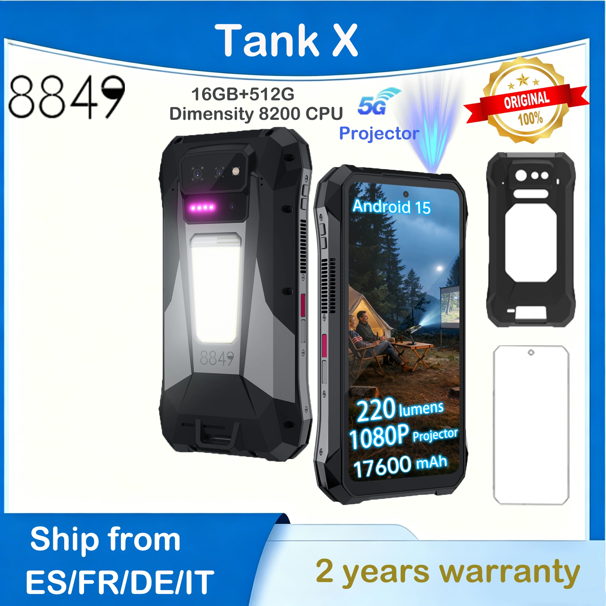 Teléfono inteligente Unihertz 8849 Tank X con proyector de 220 lúmenes, compatible con Android P 1080, 15 mAh, 32 GB, 512 GB, 5G Dimensity.