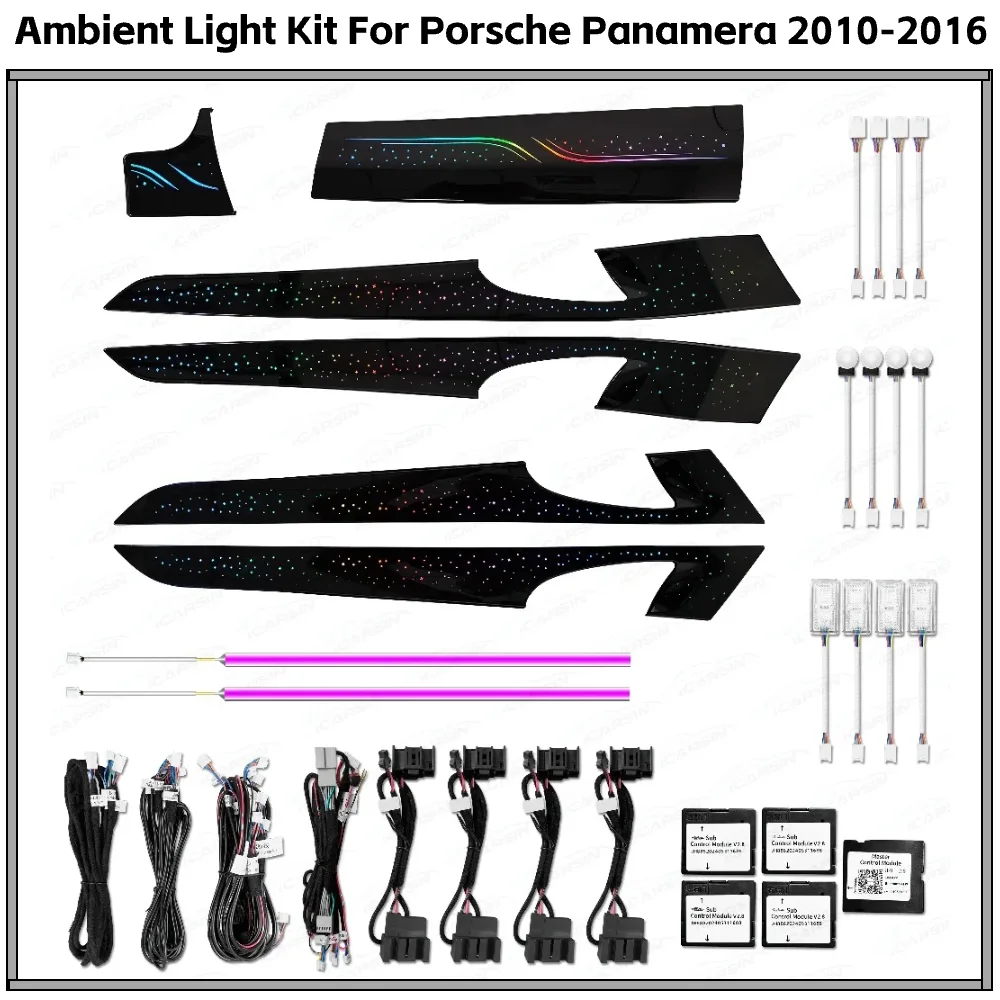 

Динамическое красочное окружающее освещение для Panamera 970 971 2010-2016 Внутреннее светодиодное атмосферное освещение, аксессуары для панели отделки