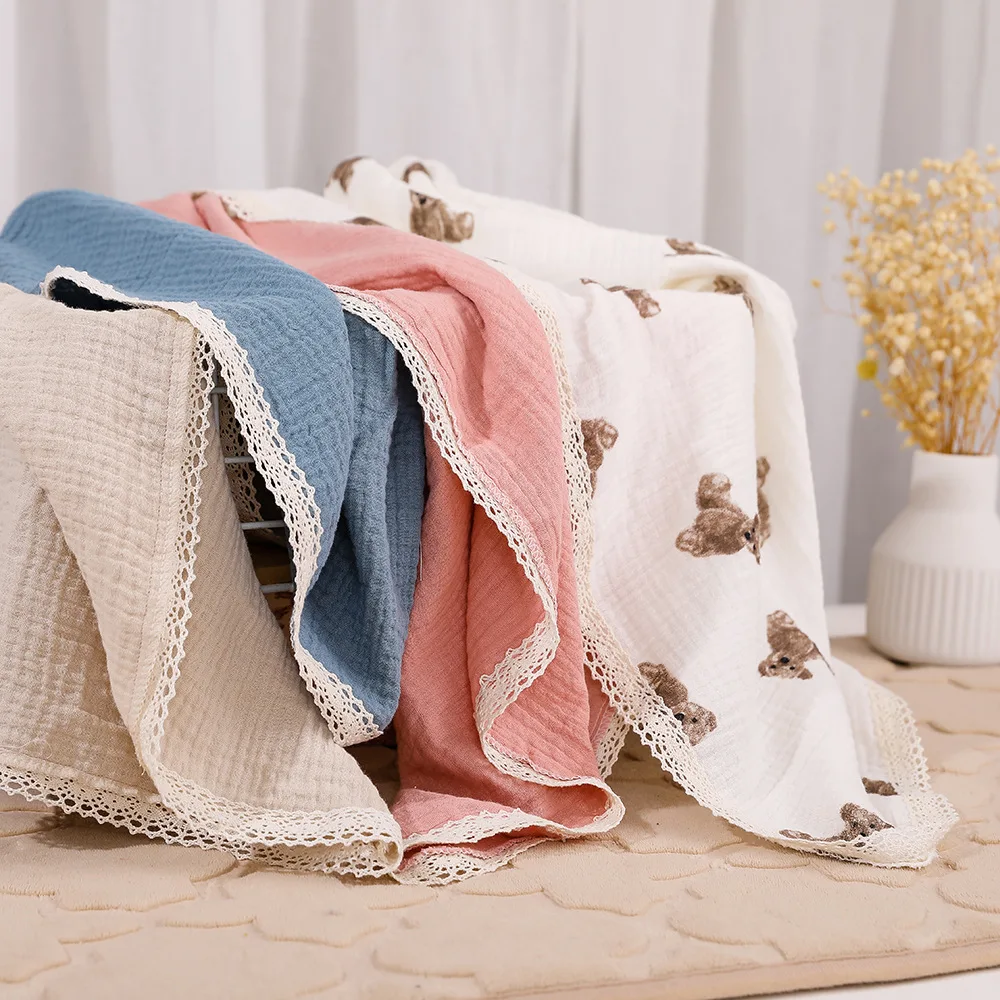 2 Layers Lace Trimmed Solid Muslin Cotton Blanket,Boho Style Baby Swaddle, Stroller Cover, Newborn Bath Towel Receiving Blanket