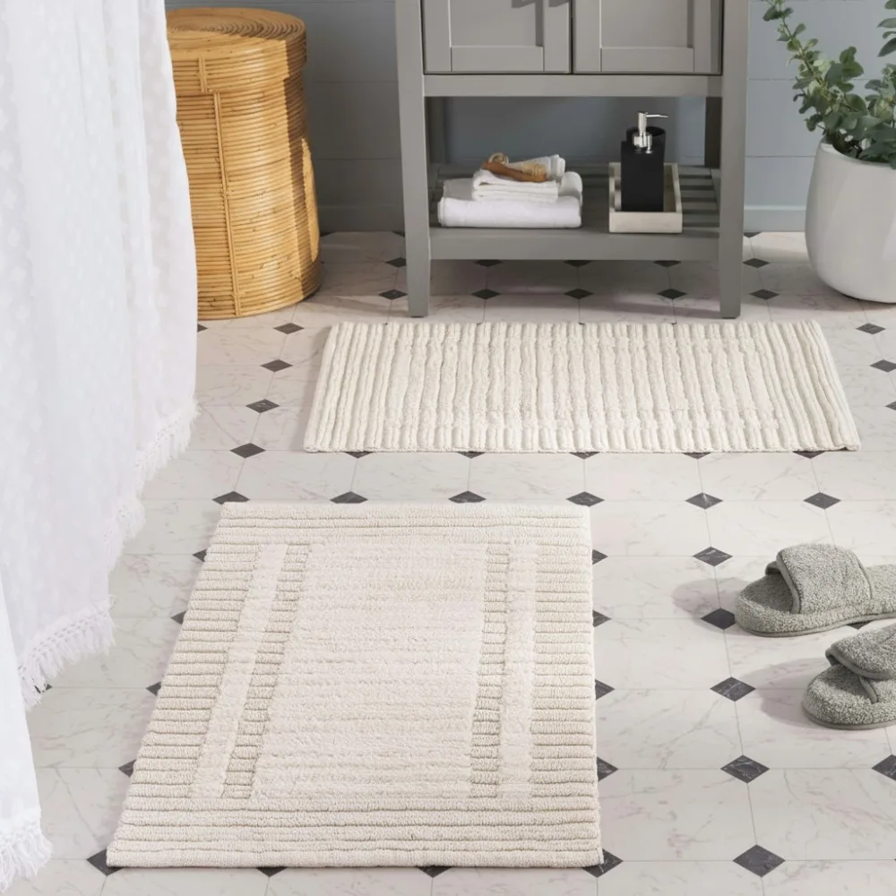 

Soft Cotton Bath Mat Set of 2, Non-Slip & Washable, Striped Design for Master Bathroom Safety