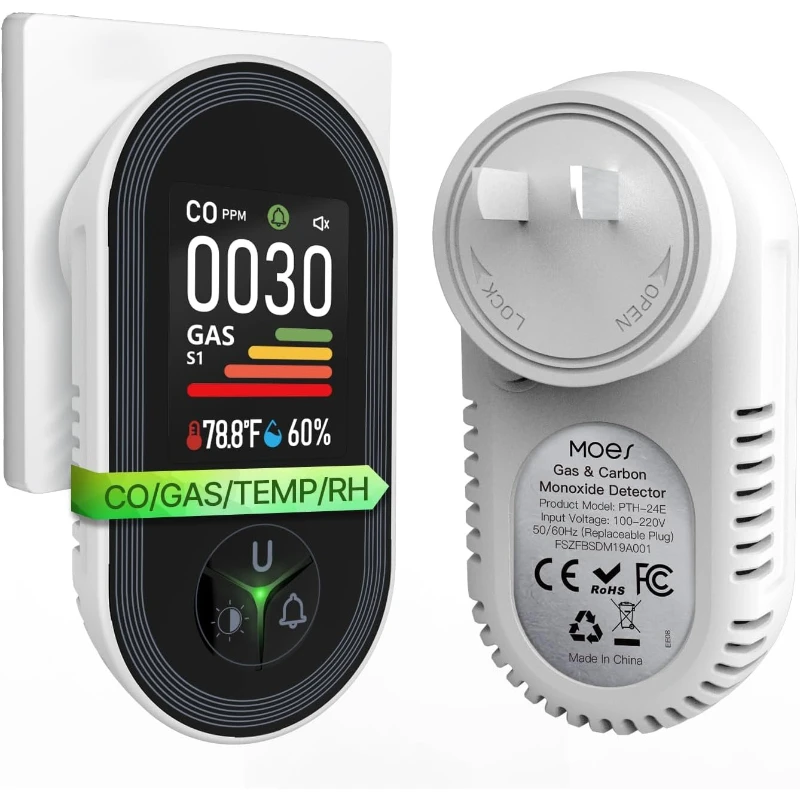 

MOES 4-in-1 Carbon Monoxide & Gas Detectors Plug in, with Real-Time Temperature & Humidity Display, Alarm for Natural Gas,
