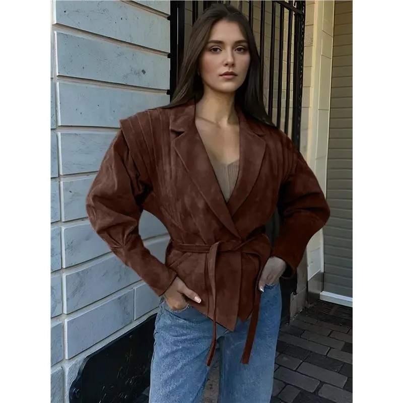 CYL-Leder Patchwork Jacke Mit Gürtel Weibliche Lange Ärmel Kordelzug Krawatte Mantel Weibliche Dicke Straße Outwear Braun M