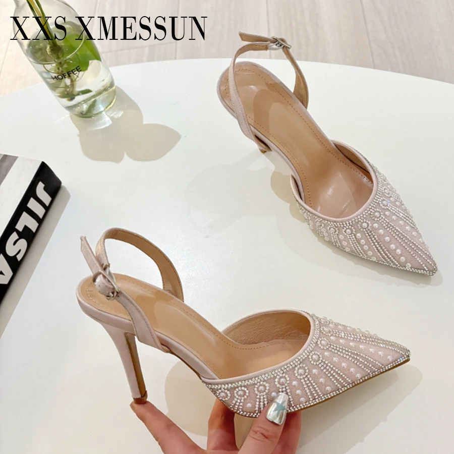 

XXS XMESSUN 2026 Новые женские туфли-лодочки с ремешком и пряжкой из хрустальных бусин, сексуальные туфли с острым носком на тонком высоком каблуке для банкетов и вечеринок