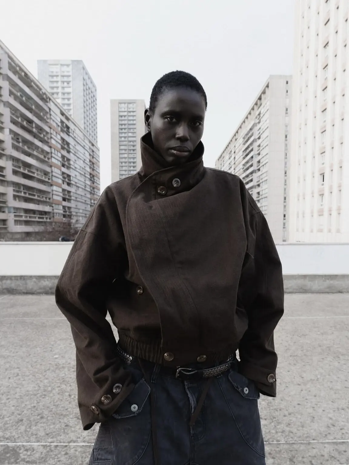 No faith studios silhouette loose stand-up collar short oblique placket zipper polished plush jacket