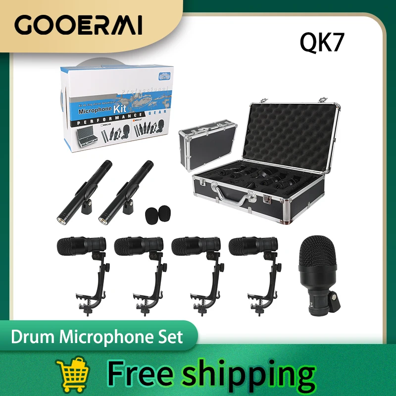 GOOERMI QK7 Professional Performance Drum Microphone Set Metal Dynamic 7-Piece for Bass Percussion, Rack Drums, Marching Drums