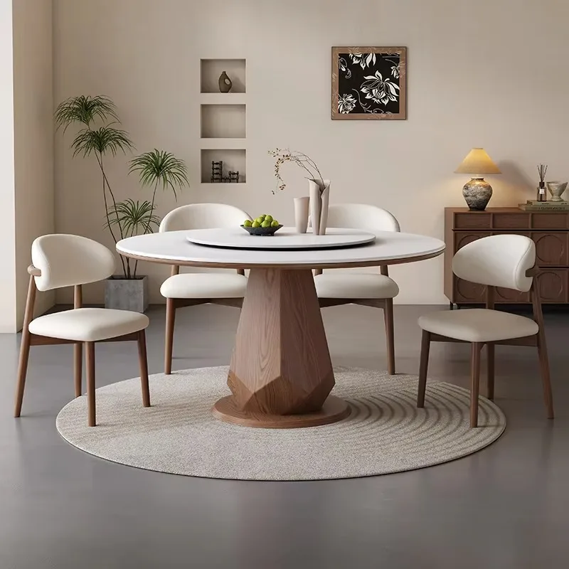 

Modern Dinning With Sintered Stone Top Wooden Round Table Antique Dining With Turntable For Household Dinner