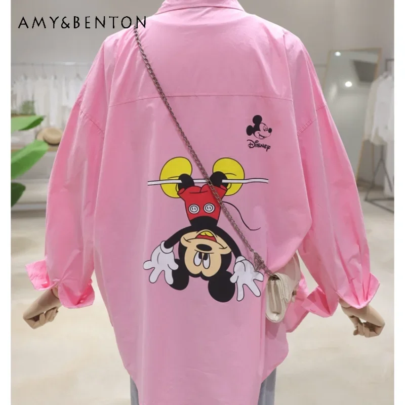 

Back Age-reducing Cartoon Print Blusas 2024 Early Autumn Loose Casual Cotton Pink Long-sleeved Shirt Women's Clothes Y2k Blouse