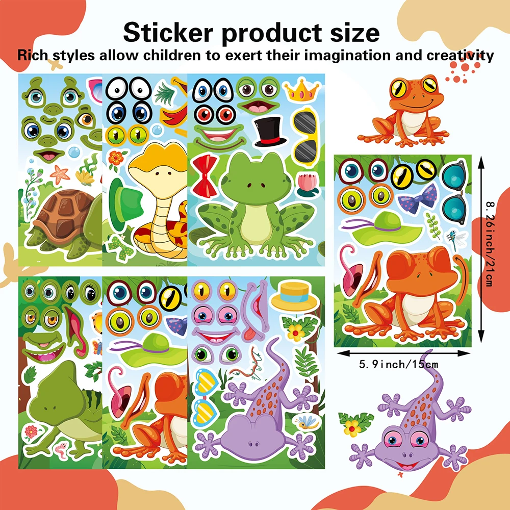 6/12Sheets Make a Face Animals Puzzle Sticker Kids DIY Lizard Frog Snake Assemble Jigsaw Educational Toys Children Favor Gifts