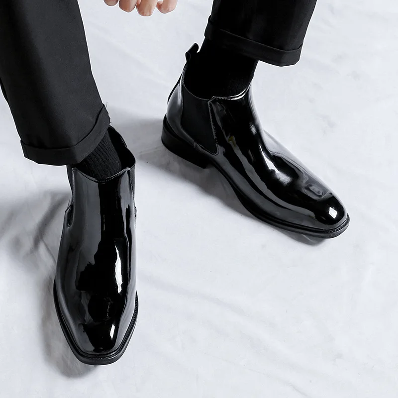 men fashion chelsea boots patent leather shoes business wedding dress pointed toe cowboy ankle boot black trendy short botas man