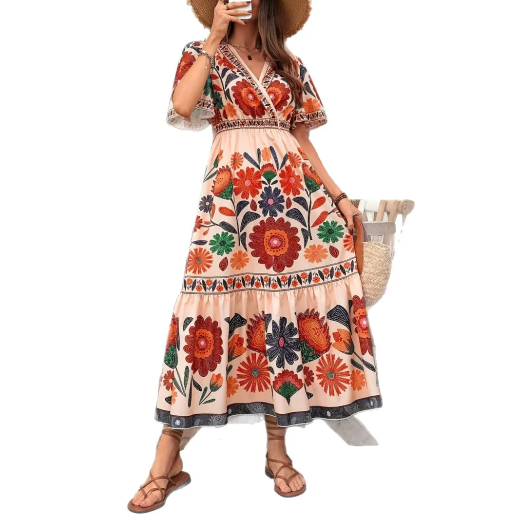 2025 여름 보헤미안 크로스넥 반팔 맥시 드레스 (여성용, 허리 조절 가능, 플로럴 프린트, 루즈핏, 휴가룩)