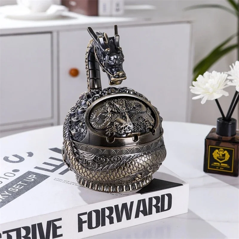 蓋付き金属灰皿中国の黄道帯フリップ蓋宝物ボウルテーブル装飾ホームオフィス喫煙者ギフト旧正月エレガント