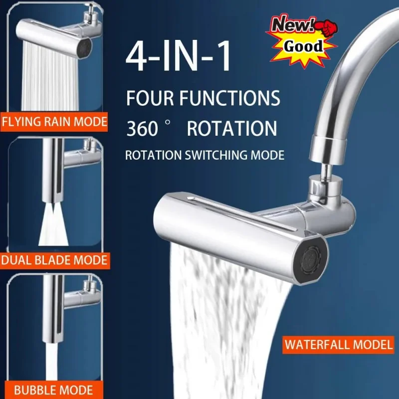 New 4 Modes Waterfall Kitchen Faucet Universal 720° Swivel Spout Sprayer Bathroom Basin Water Tap Extender Rainfall Sink Mixer