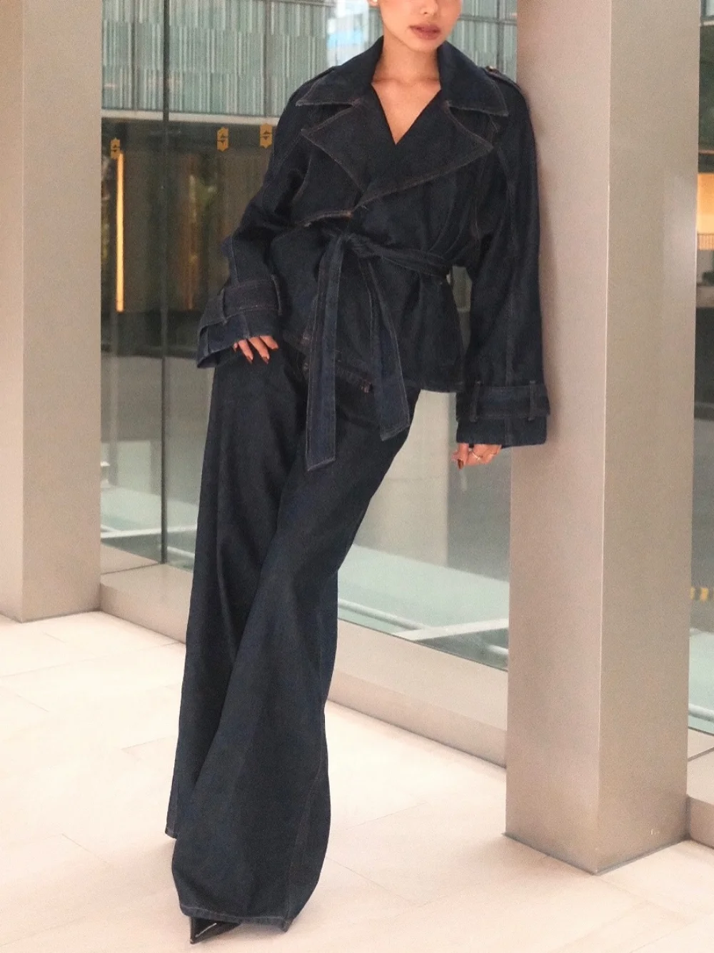 

Women's Vintage Denim Jacket Straight Pants Suit Long Sleeve Blazer Wide Leg Pants Jeans Fashion High Street Two Piece Suit