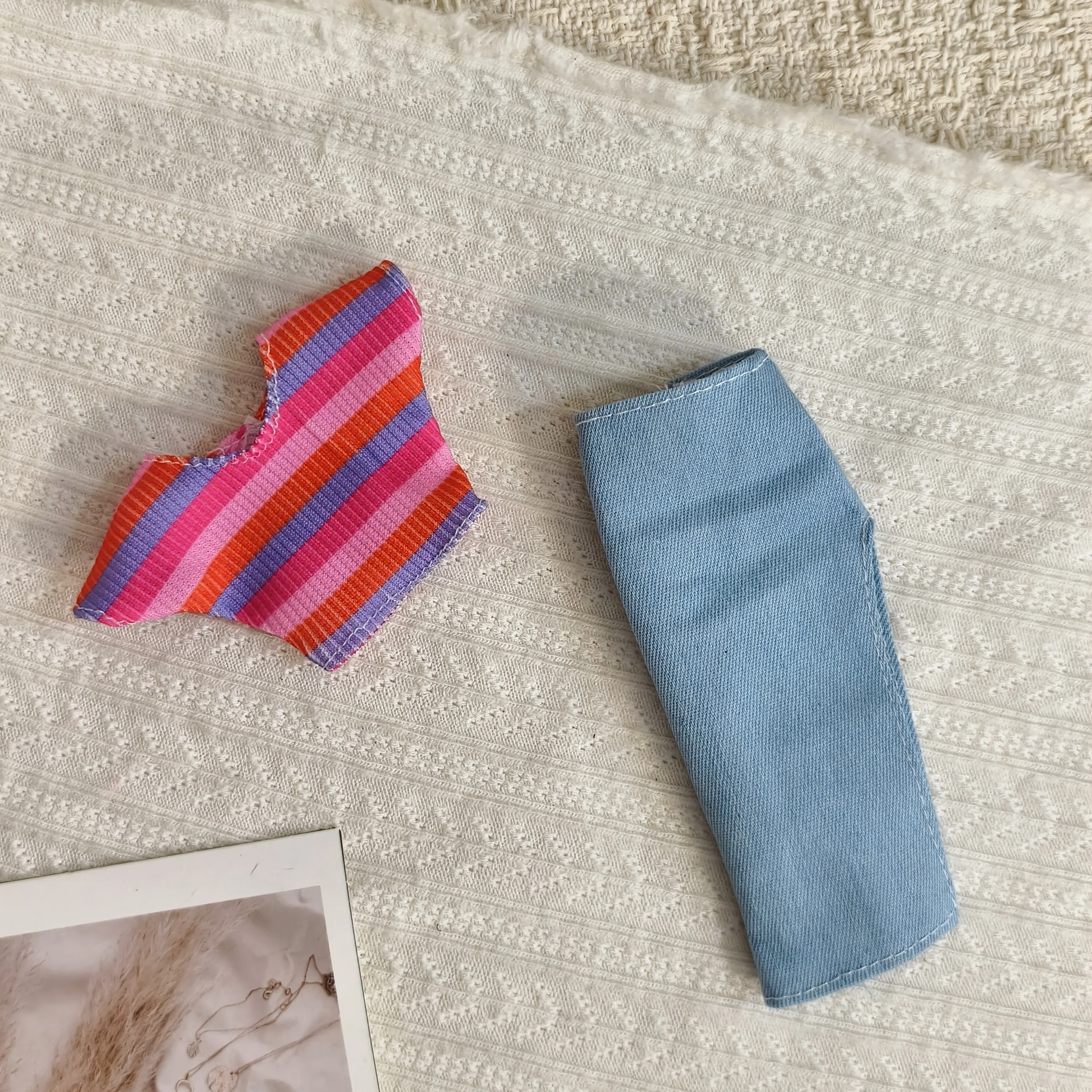 Cute And Playful Striped Short T-shirt + Split Slit Denim Skirt/Trousers Set For 1/6 FR Babi Supermodel Doll Clothes Accessories