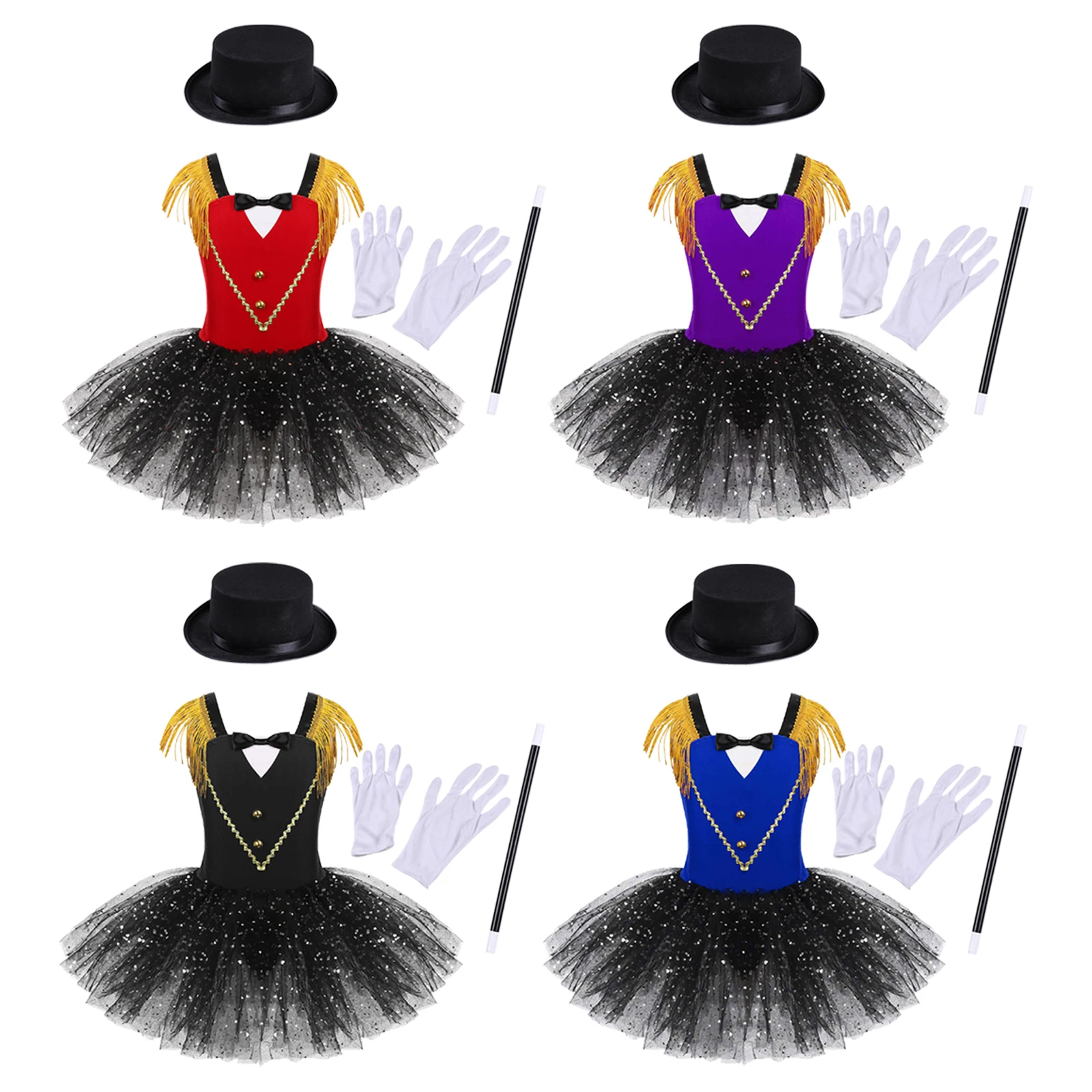 Kids Girls Circus Ringmaster Costume Set Sequins Mesh Tutu Leotard Dress Magician Carnival Halloween Cosplay Fancy Dress Up