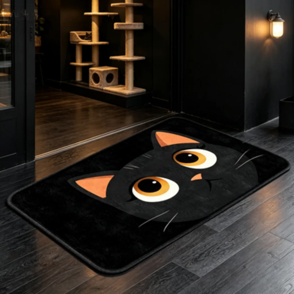Fun English Cat Washable Mat, Big Eyes Black Cat Soft Mat, Vintage Multi Cat Door Mat, Brown Funny Slogan Cat Runner.