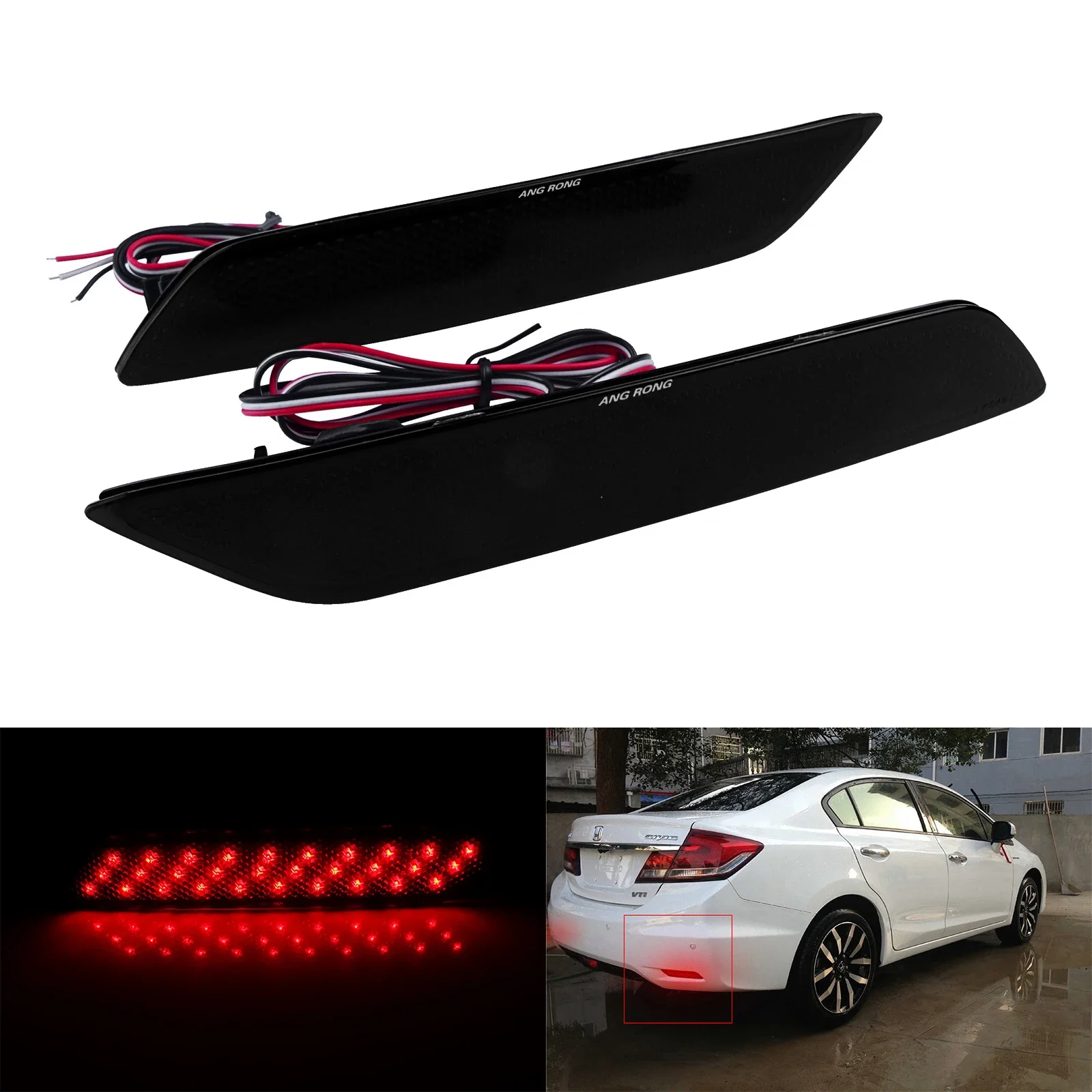 

ANGRONG 2X For Honda Civic 2013-2015 Red LED Rear Bumper Reflector Marker Tail Brake Stop Light Lamps