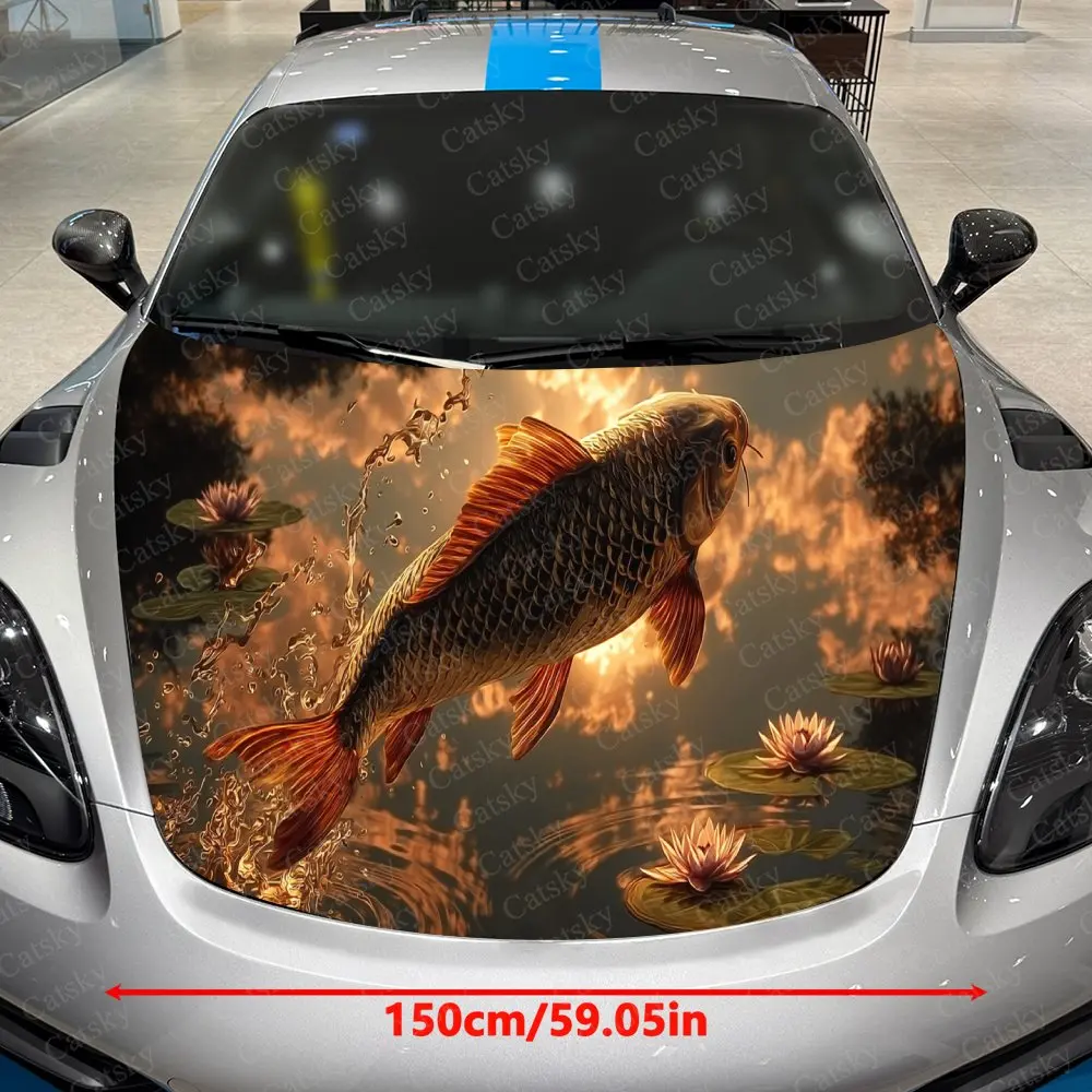 Gilded Leaping Carp Car Vinyl Wrap, PVC Waterproof Car Hood Sticker, Self-Adhesive Scratch-Resistant Stickers