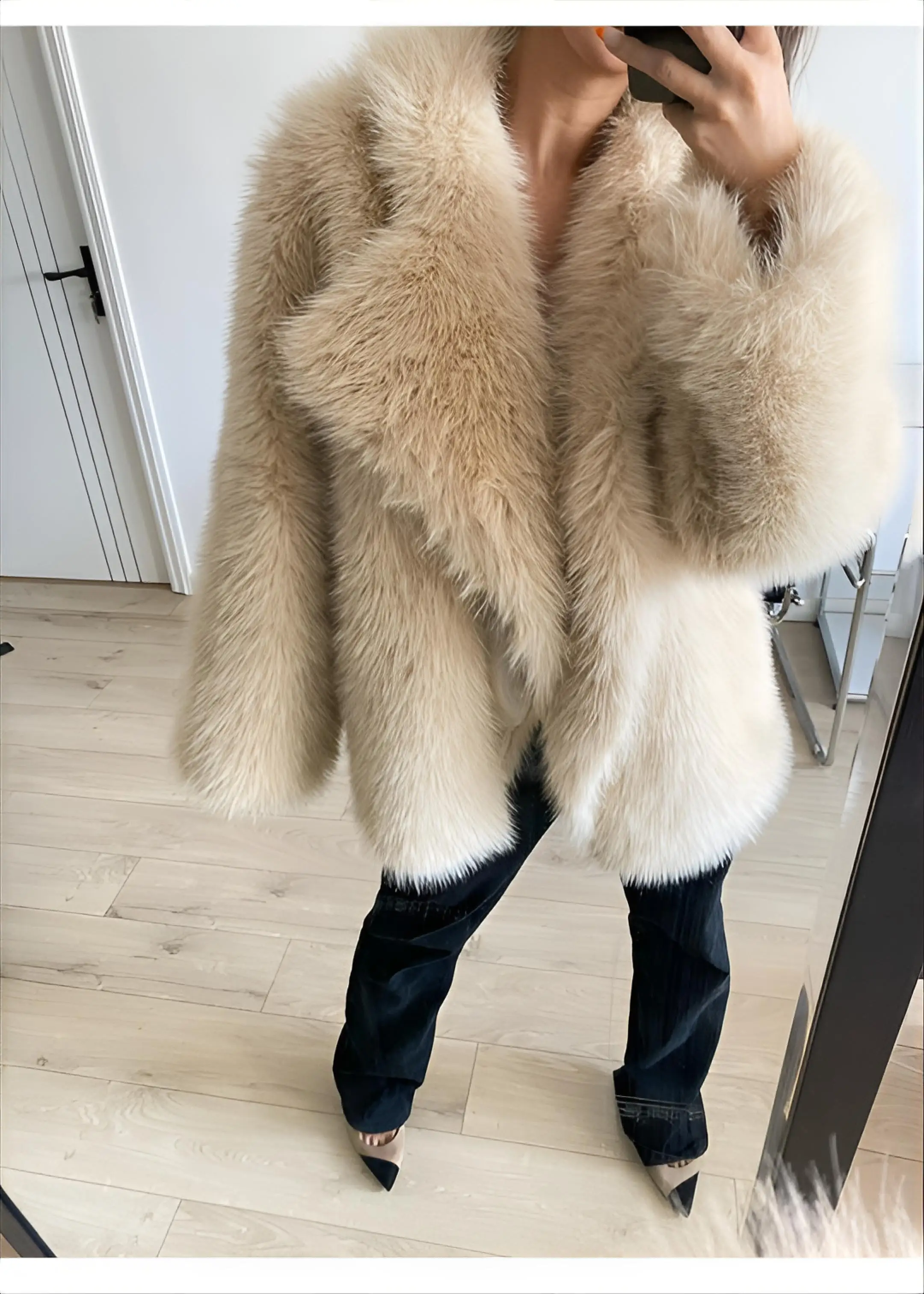 

Faux Fur Woman Coat Coats Womens Christmas Stunning Bodywarmer Turtleneck Plush Peachy Knee-Length Split Casual Stylish Feminine