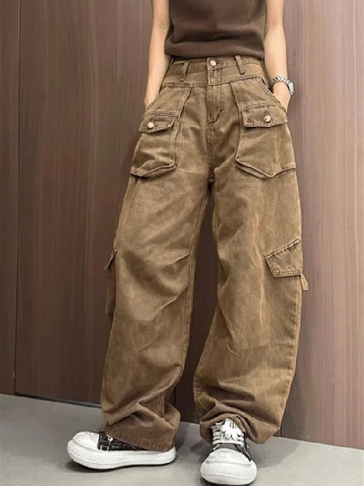 

Y2K Streetwear Vintage Khaki Baggy Cargo Jeans Pants For Women Clothing Wide Leg Multi Pockets Lady Cotton Trousers 2025
