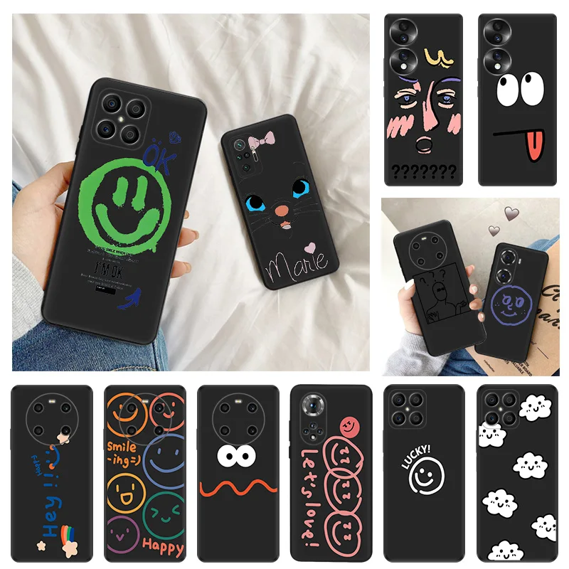 Ultra Thin Soft Phone Case For Honor X8 X7 X9 b X6 70 90 Magic5 Pro 8x Pixel 8 7 6 a Cute Smile Happy Face Line Art Matte Cover