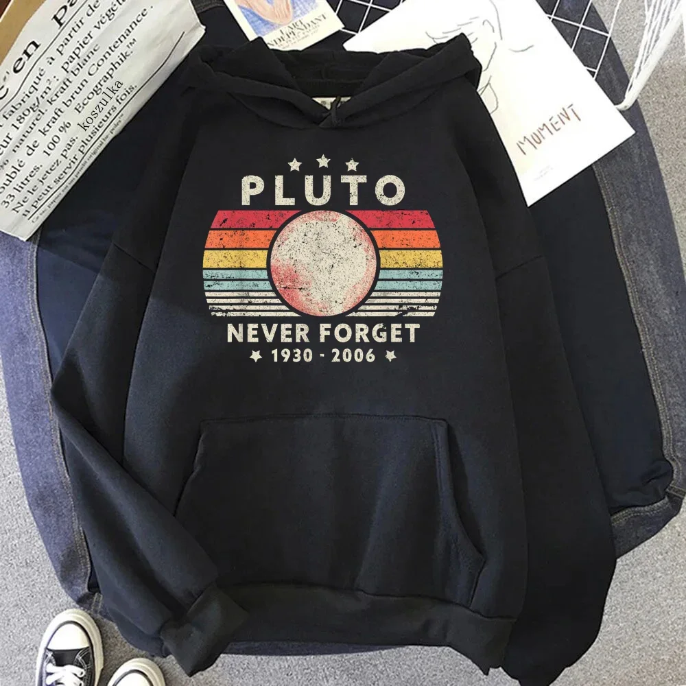 Camiseta com capuz Never Forget Pluto, estilo retrô, divertida, sobre ciência espacial, criativa, masculina, engraçada, geek, com estampa, masculina, 