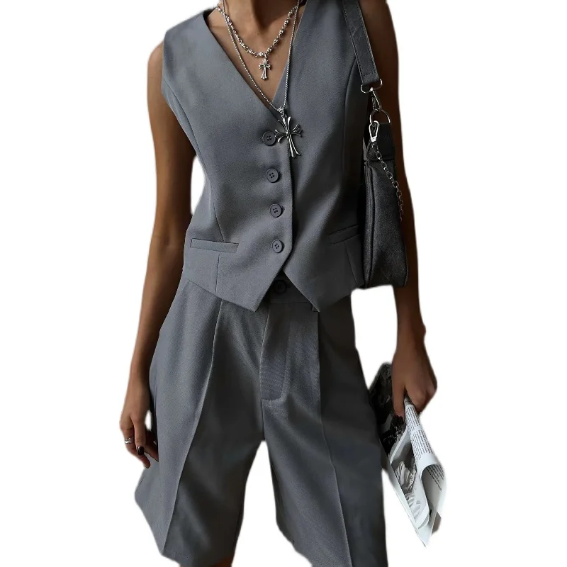 Single-Breasted Vest orts Set V-Ne Summer Faion Outfit Polyester Material Easy to Wear And Comfortable for Women