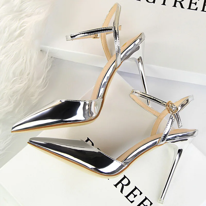 2023 Summer Sexy Women 10.5cm High Heels Strap Sandals Patent Leather Stiletto Heels Blue Sandals Party Pumps Wedding Prom Shoes