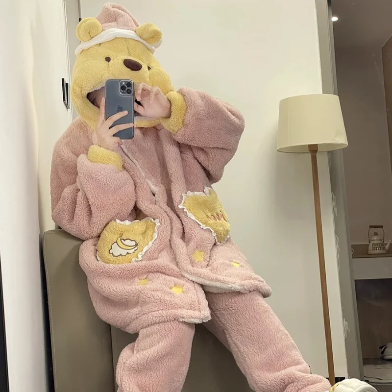 CartoonWinnie the Pooh hooded pajamas women\'s winter coral fleece new fleece thickened plush warm loungewear women\'s pajamas set