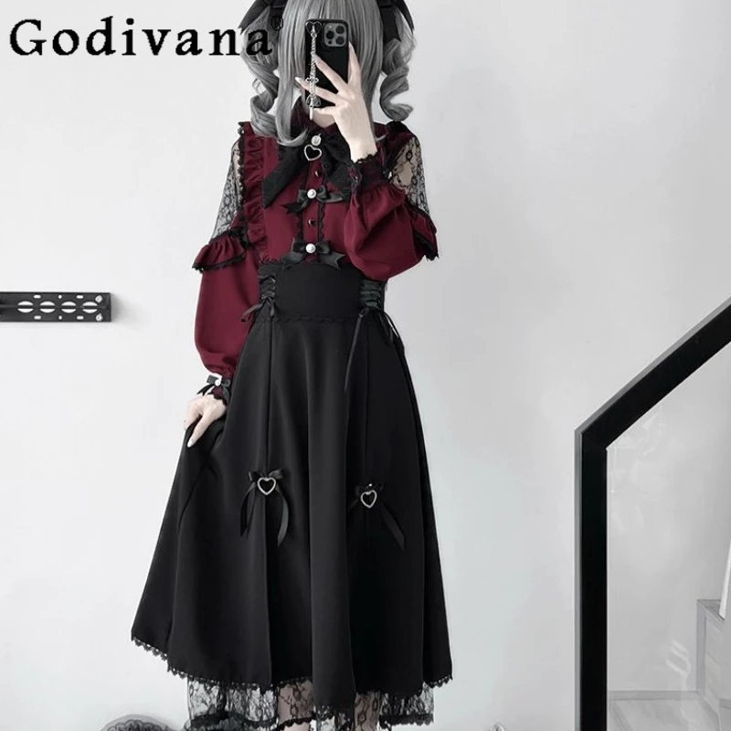 

Lace Waist Shirt and Skirt Two Piece Set for Women Japanese Lolita Style Wine Red Autumn Outfits Female High Street Lolita Suit