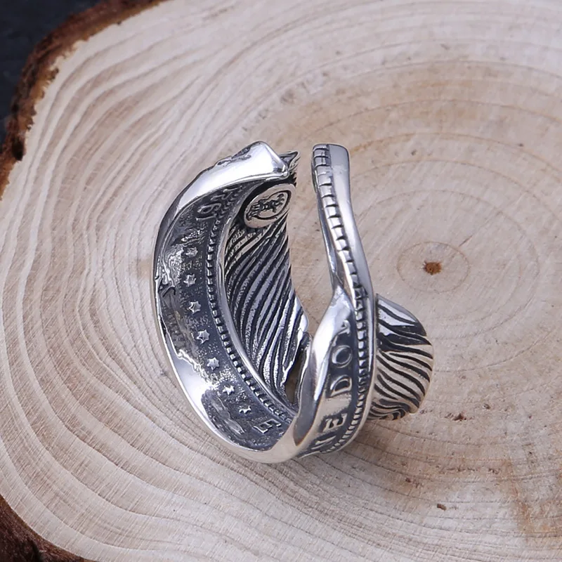 Wholesale S925 sterling silver ring trend fashion letter feather vintage Thai silver rings for men and women