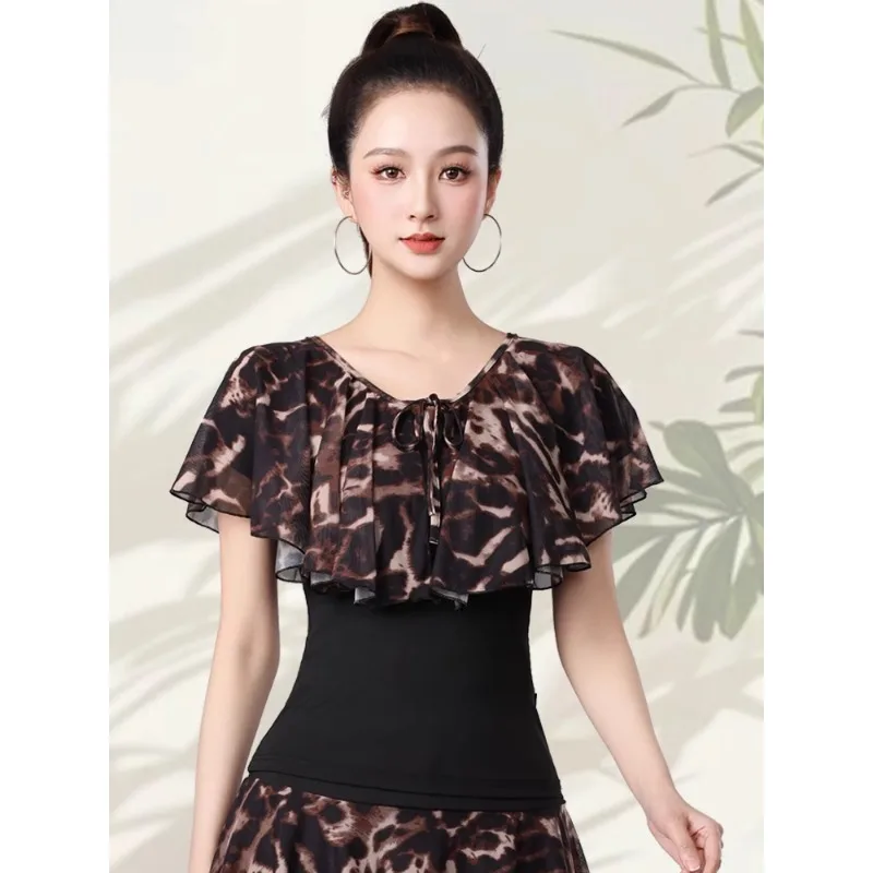 Women's Latin Dance Practice Top Summer New Net Yarn Printed Modern Dance Performance Costume Square Modern Standard Clothing