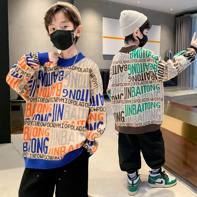 Autumn Winter Children New Fashion Letter Embroidery Sweater for Tweens Boy y2k Harajuku Stylish Knitwear Kids Cool Knit Clothes