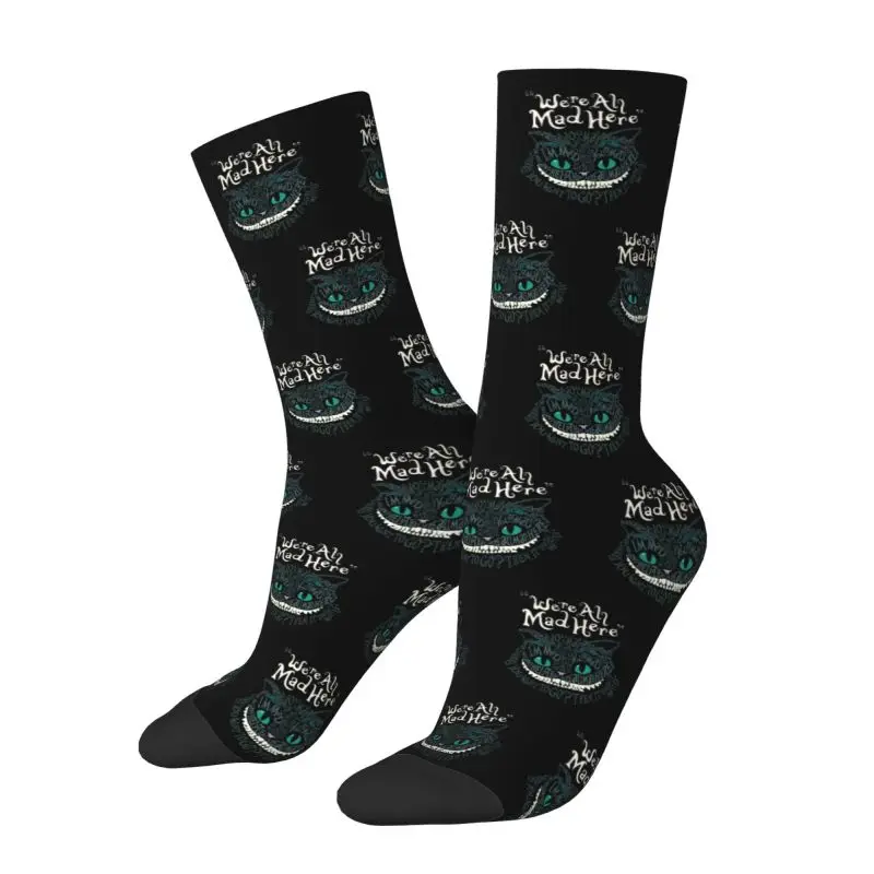 Customized Cute Cheshire Cat Socks Women Men Warm 3D Printing Alice We're All Mad Here Wonderland Basketball Sports Socks