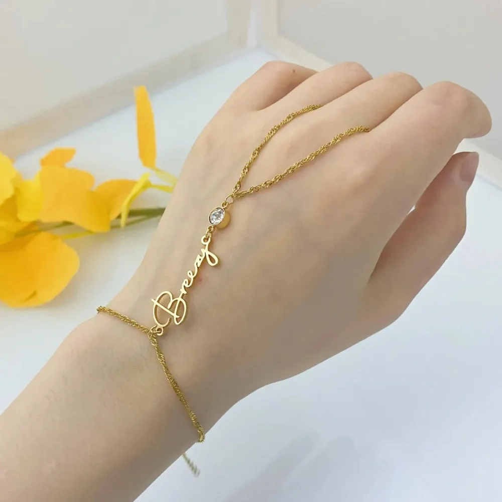 

Custom White Birthstone Name Bracelet Personalized Stainless Steel Sparkle Twisted Chain Finger Chain Gifts For Her